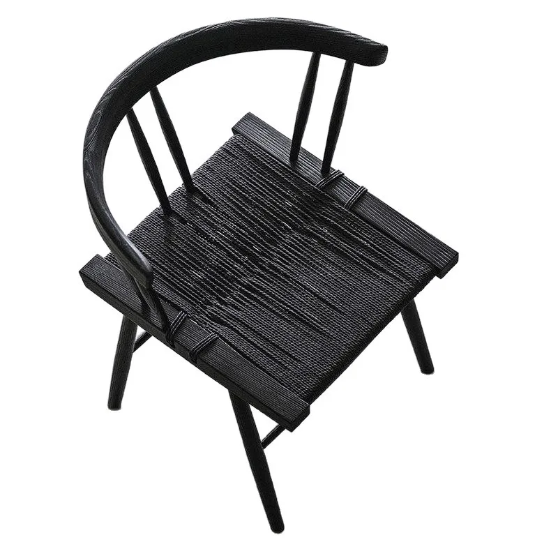 

Ash wood black rope dining chair backrest tea chair