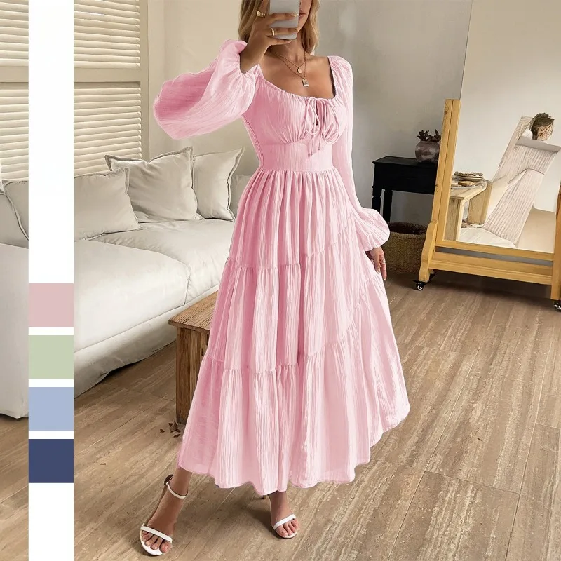 

Новое весенне-летнее повседневное платье с завышенной талией, французским длинным рукавом, однотонное, с квадратным вырезом, для женской одежды