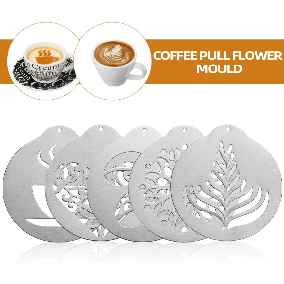 5Pcs Stainless Steel Coffee Decorating Stencils, Foam Latte Art Templates, Cappuccino Chocolate Templates Garland Mould