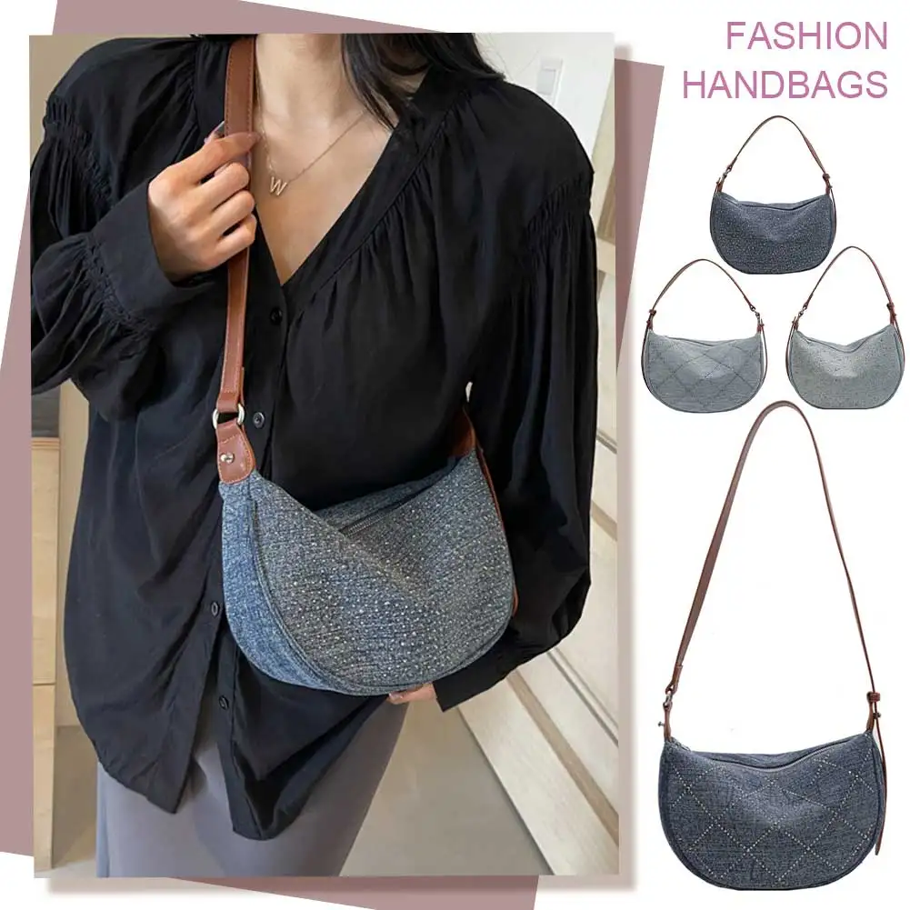 حقيبة هوبو من الدنيم مع محفظة كروس نسائية ماسية وحزام كتف قابل للتعديل وحقيبة ساعي البريد ومحفظة للسفر للمتسوقين