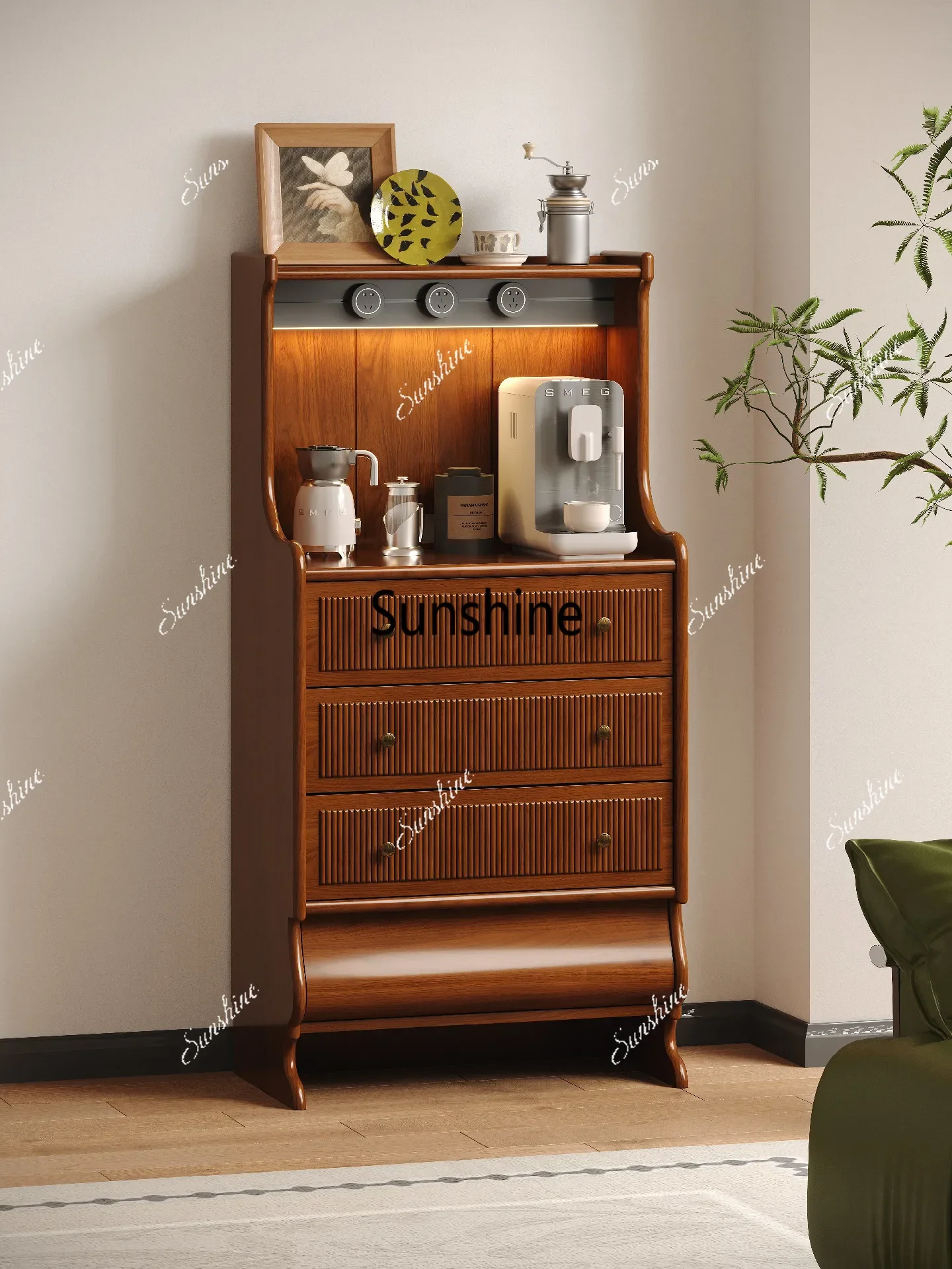 YRetro style solid wood, coffee cabinet, side cabinet, tea against the wall, integrated storage combination