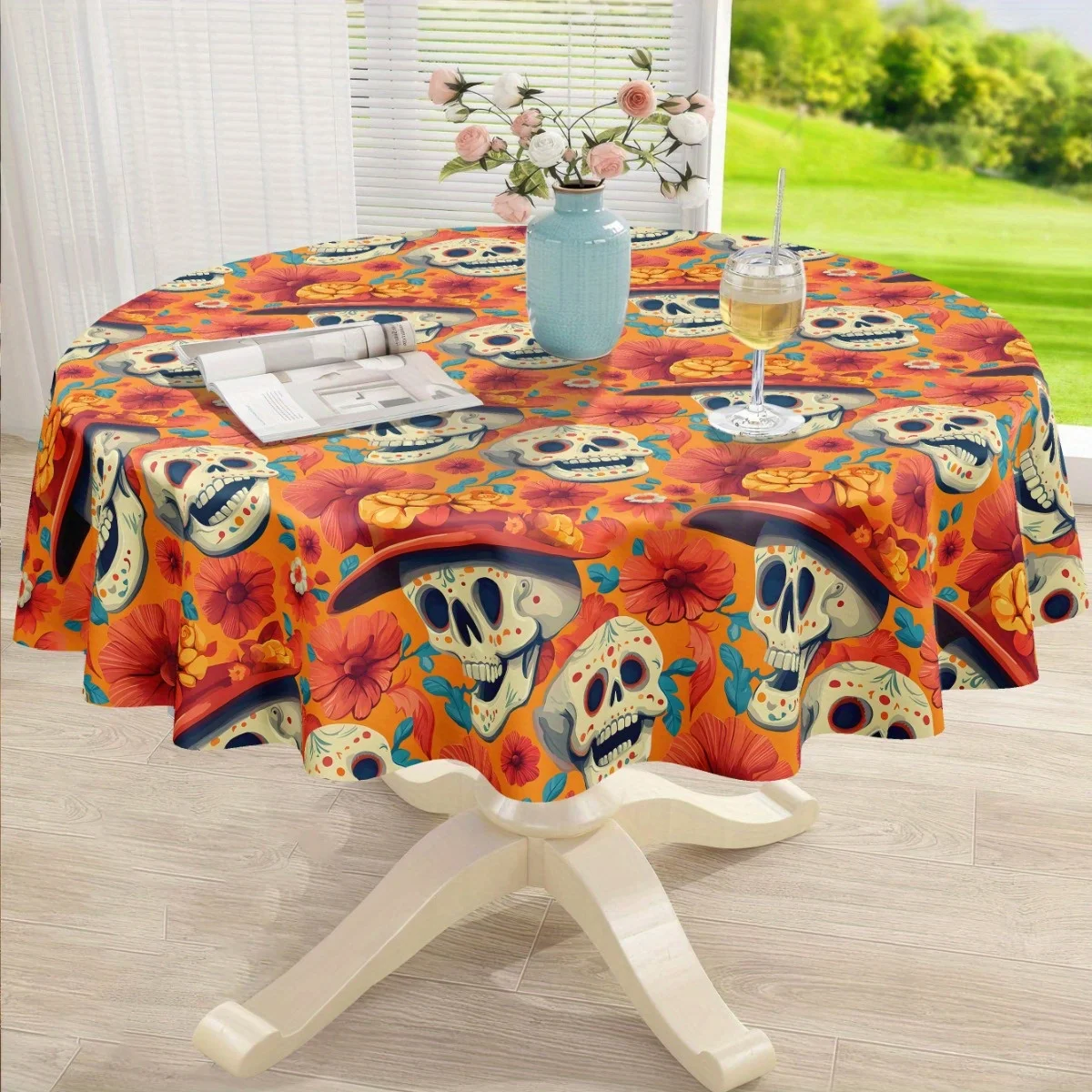 One Bohemian-style round tablecloth, 61x61 inches - orange skull and floral patternzyc