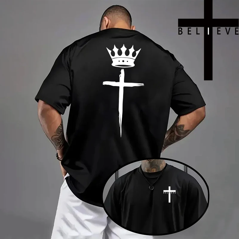 Frühling Sommer Täglich Casual Mode Jesus Kreuz Baumwolle Tees Christus Drucken T-shirt Männer Hohe Qualität Reine Farbe Kurzarm Top – Detail 4