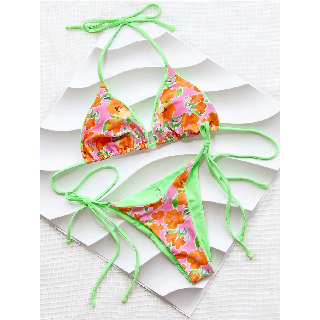 Sexy Blumenmuster, Neckholder-Bikini mit Trägern, Damen-Badeanzug, zweiteiliges Bikini-Set, Badebekleidung, Badeanzug, Modell V5428. – Detail 9