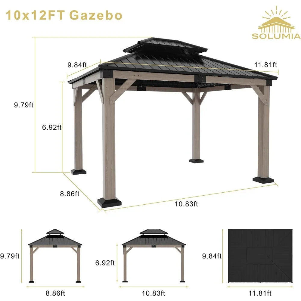 

Aluminum Outdoor Gazebo, 12x12 Feet, with Double Polycarbonate Roof, Curtain, and Netting for Permanent Pavilion Use
