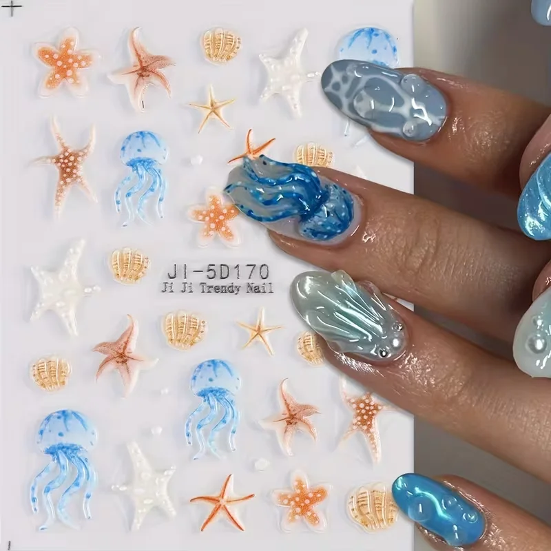 spring summer 5D three-dimensional multi-color flowers, starfish, jellyfish, shells, ocean theme nail stickers, self-adhesive di