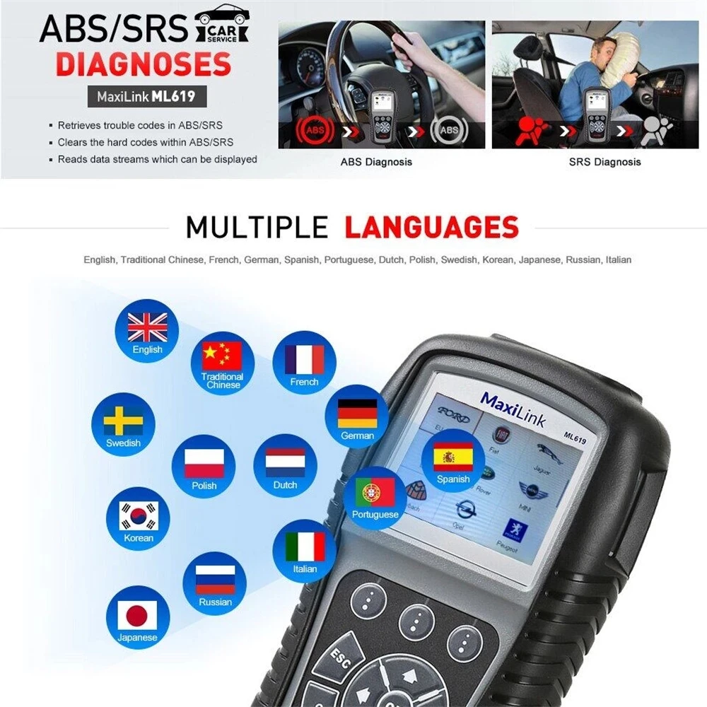 Autel – Maxilink Ml619 ABS/SRS + CAN, outil de Diagnostic automobile, lecteur de Code, scanner automatique, OBDII, fonction complète