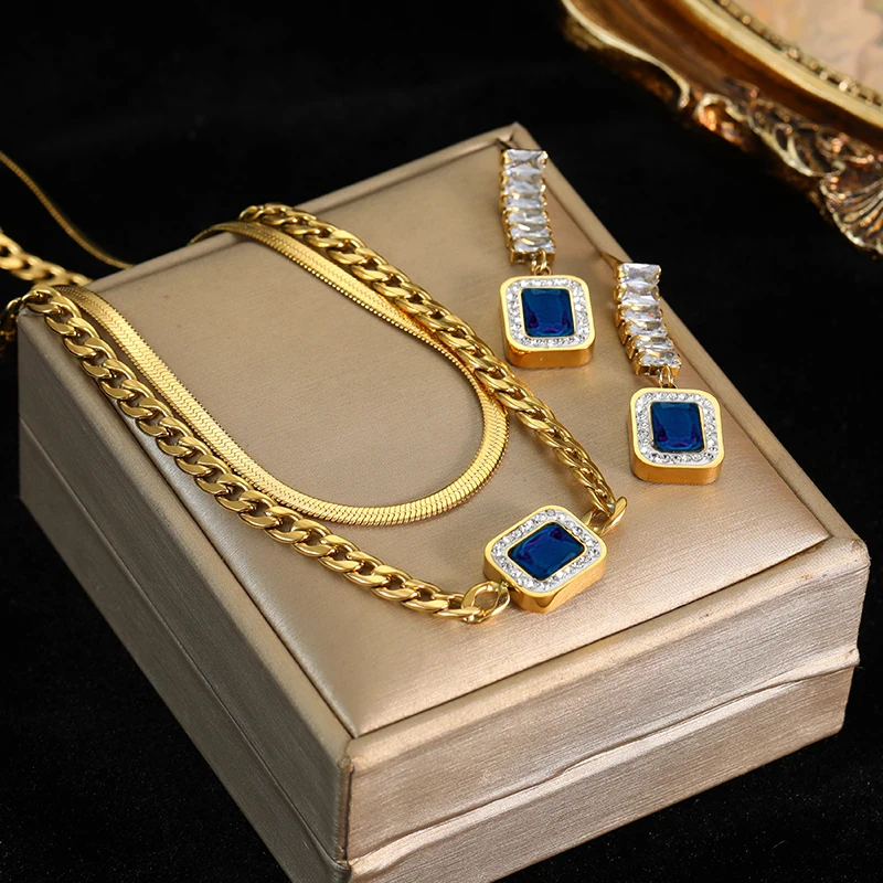 EILIECK 316L Edelstahl Blauer Zirkon Goldfarbene Schlangenkette Halskette Ohrringe für Damen Luxus Designer Hochzeitsschmucksets – Detail 11