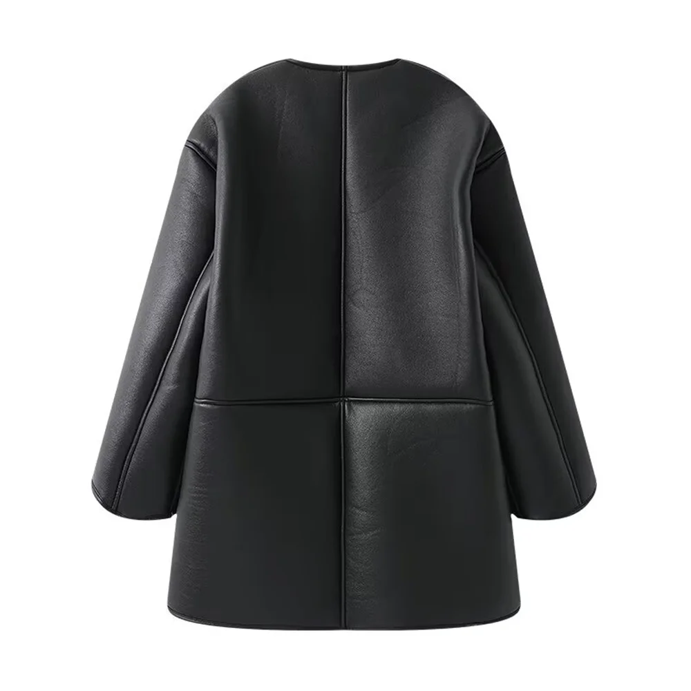 women's mid to long round neck long sleeved windbreaker for autumn and winter, new faux leather jacket
