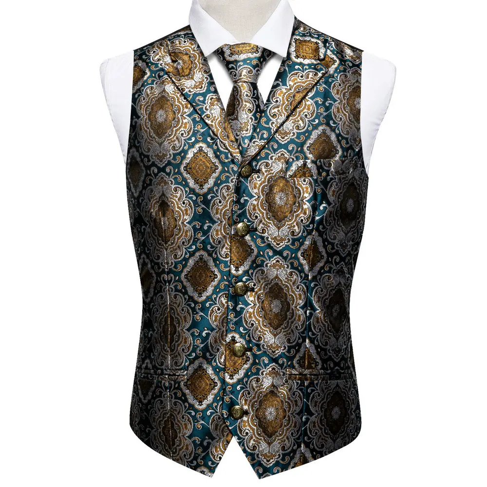 Retro Business Mens Suit Vest Lapel V Neck Silk Casual Green Gold Waistcoat Casual Formal Groomsman Jacket For Men Wedding