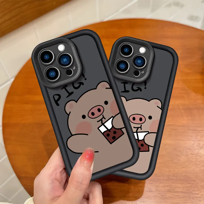 

Эстетический чехол для телефона Pig Drinking для iPhone 17 16 Pro Max 15 14 13 12 11 Max 15 plus pro Max с жесткой задней крышкой