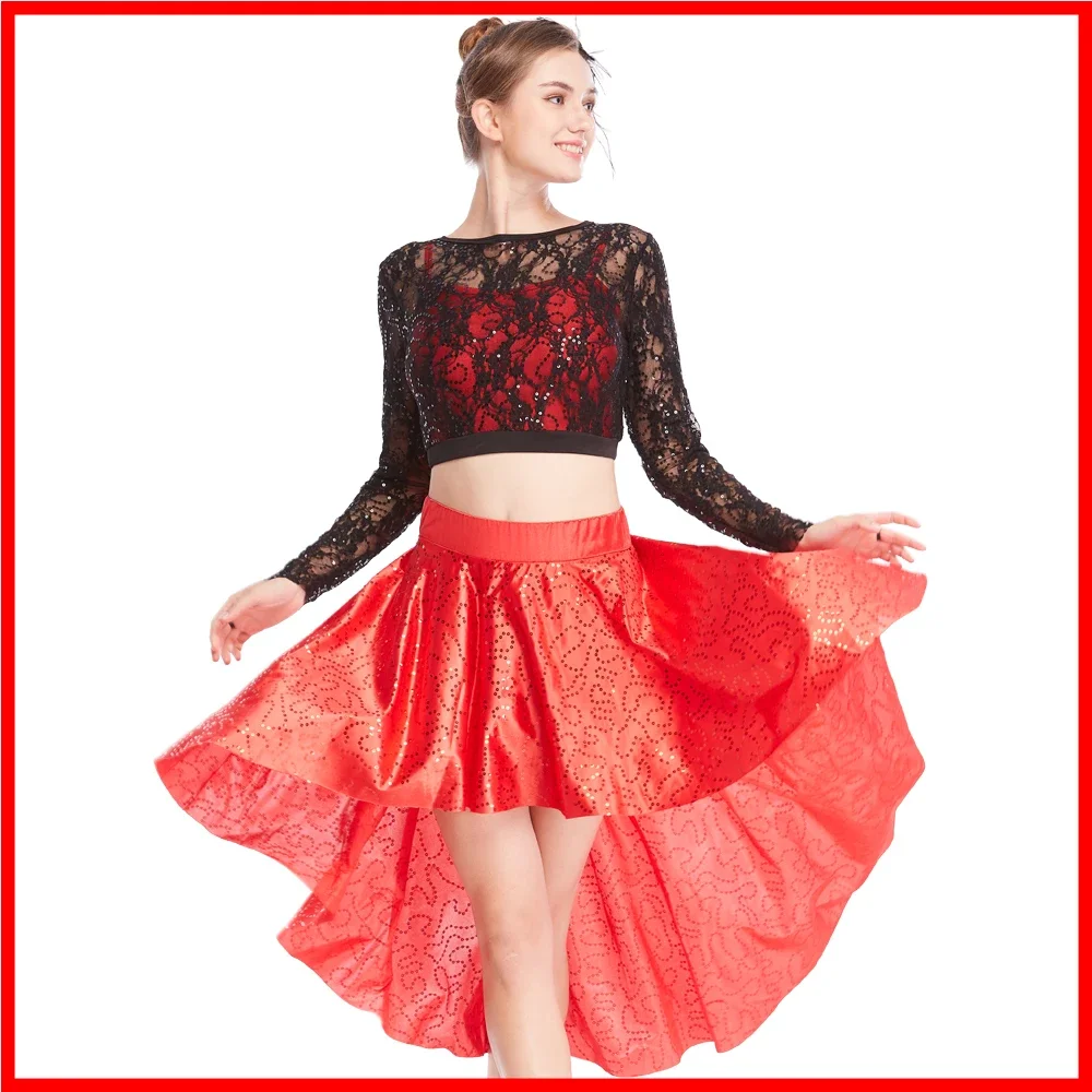 MiDee Sparkle 2 Piece Modern Dance Costumes Lace Sequins Crop Top Skirt Lyrical Performance Outfits