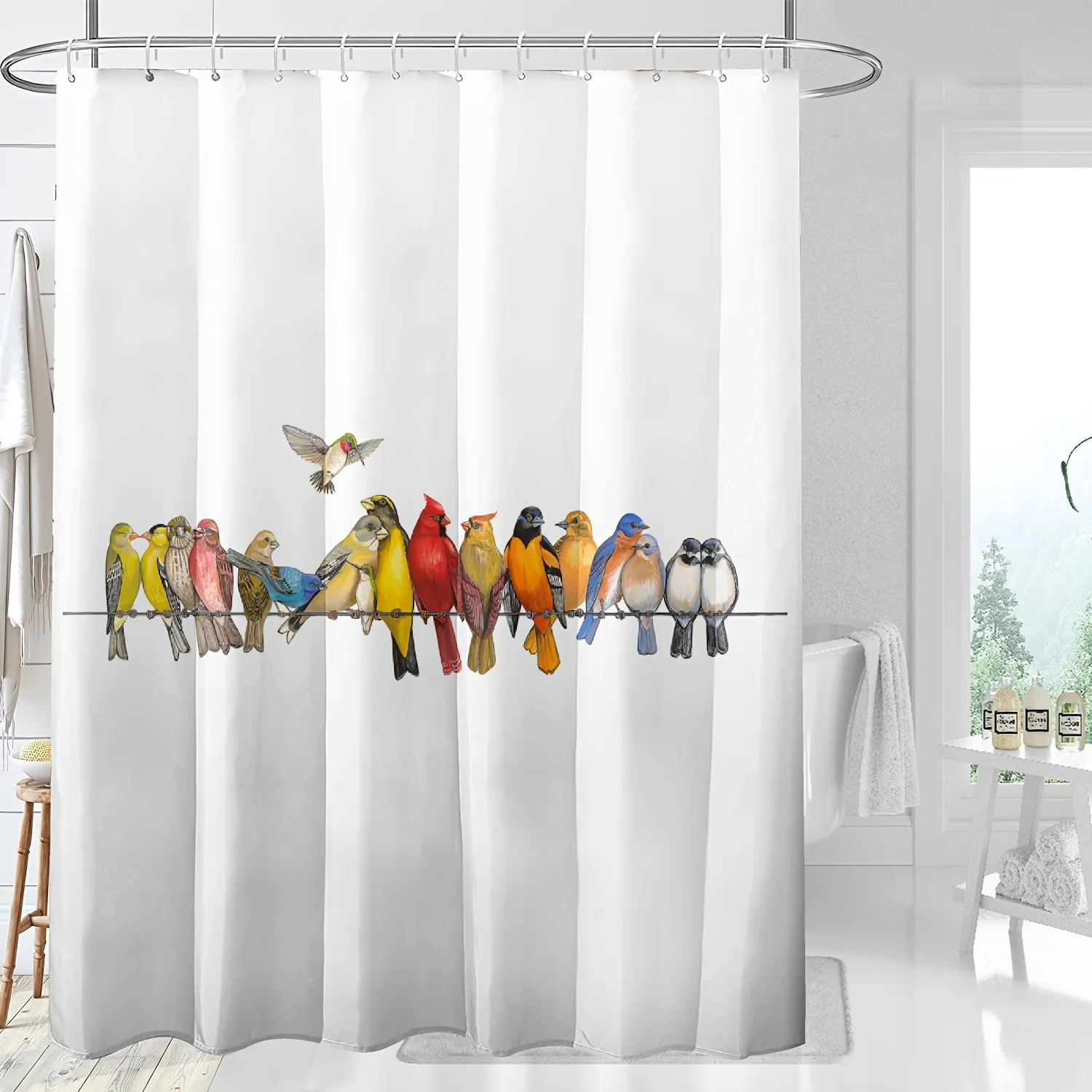 

Colorful Birds on a Wire Shower Curtain for a Fun, Nature-Inspired Bathroom Decor Theme with Vibrant Feathers