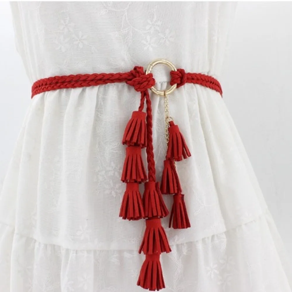 Solid Color Braided Tassel Belt Tassel Detail Thin Rope Knit Belt Knit Texture Braided Design Dress Waistband Girls Fashion