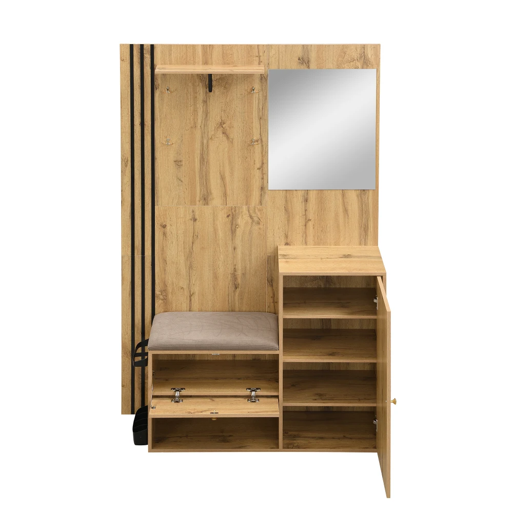 Kleiderschrank-Set, kompakter Flur-Kleiderschrank mit Spiegel und Kissen mit schwarzem Zierstreifen, Regal, Flur-Kleiderschrank, Schuhschrank – Detail 21