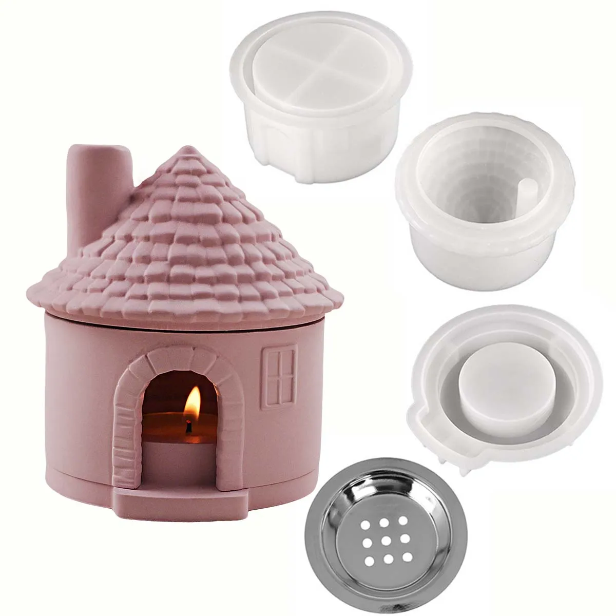 3D House Incense Stove Silicone Mold Set DIY Chimney House Design Candle Holder Jar Gypsum Concrete Mold Craft Making Supplies view 6