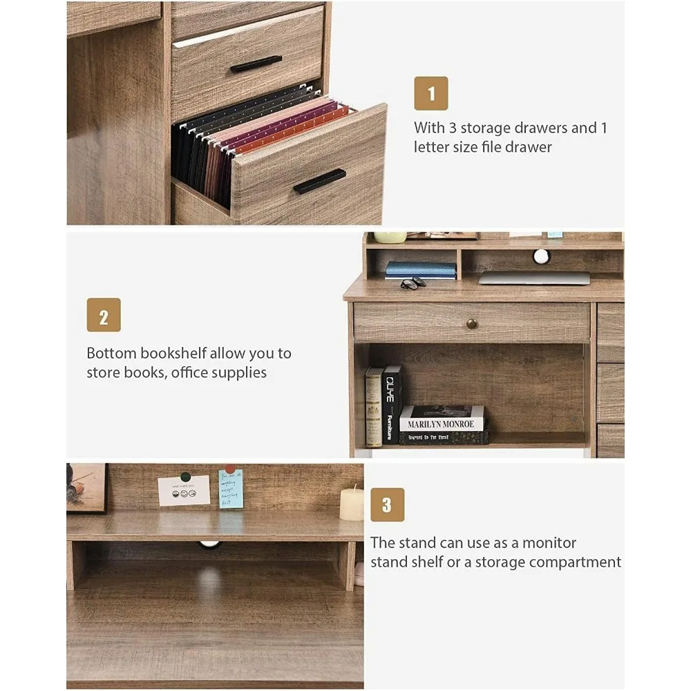 Scrivania per computer con 4 cassetti e portaoggetti, piccola scrivania da ufficio con cassetti e cassettiera, tavolo per studenti con scrittura in legno per fattoria