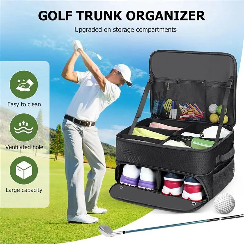 Golf Trunk Organizer With Shoe Storage, Multi-Compartment Car Storage Box Golf Accessories-A00E