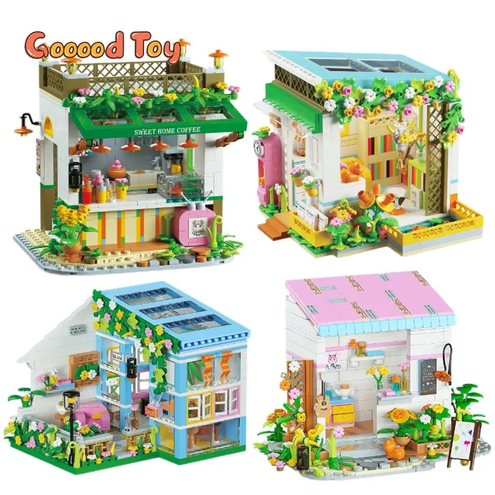 시티 스트리트 뷰 마이크로 빌딩 블록, 크리에이티브 하우스 씬, 요정 타운 커피숍, 플라워 스토어 건축 빌딩 블록 선물