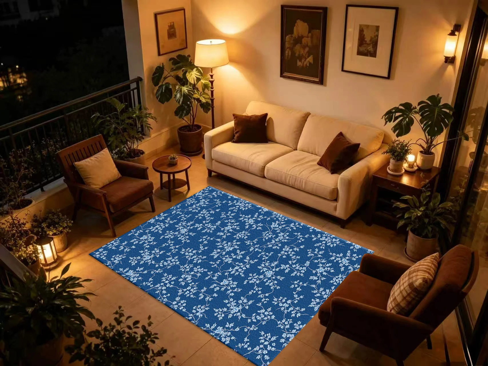 Navy Blue Delicate White Branch Blossom Carpet Flooring Elegant Seamless Floral Printed Area Rug for Apartment Interior Decor