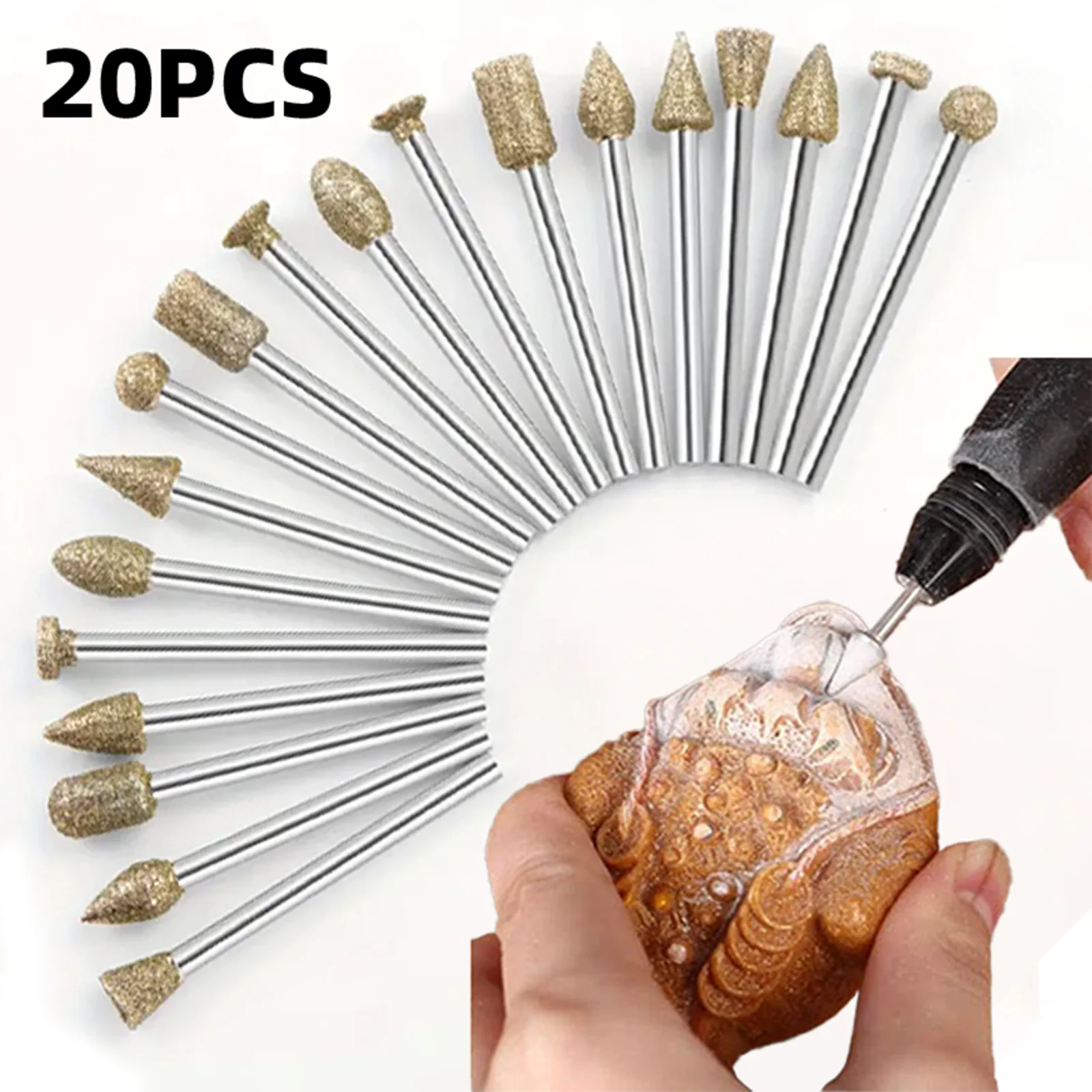 20PCS Diamond Rotary Burr Bits Set 1/8 Shank for Dremel Rotary Tool Glass Stone Ceramic Engraving Grinding Carving