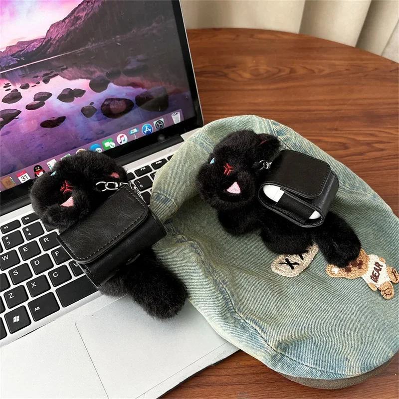 Рюкзак Black Cat, плюшевый чехол для AirPods 4 Airpod 1 2 3 Pro Pro2, Bluetooth-наушники, зарядное устройство, защитный чехол для наушников