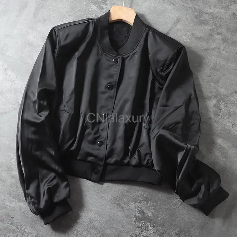 CNlalaxury 2023 Spring Autumn New Short Aviator Silk Satin Jacket Women Solid Simple Casual Coat Tops Female Versatile Chic Cool