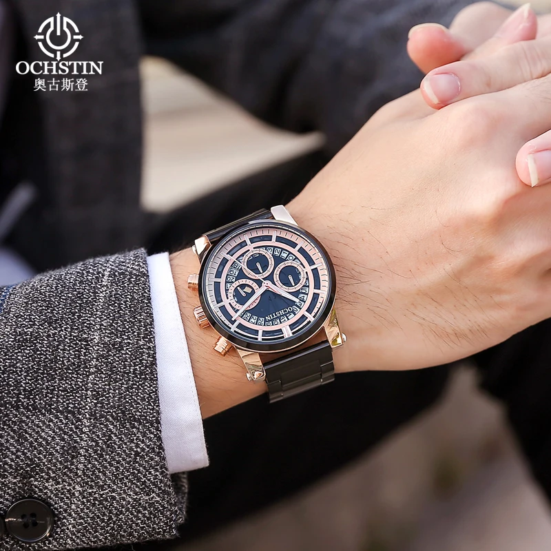 OCHSTIN Men's Chronograph Quartz Watch Man Durable Stainless Steel Strap Water Resistant Clock Male Aviator Series Wristwatch