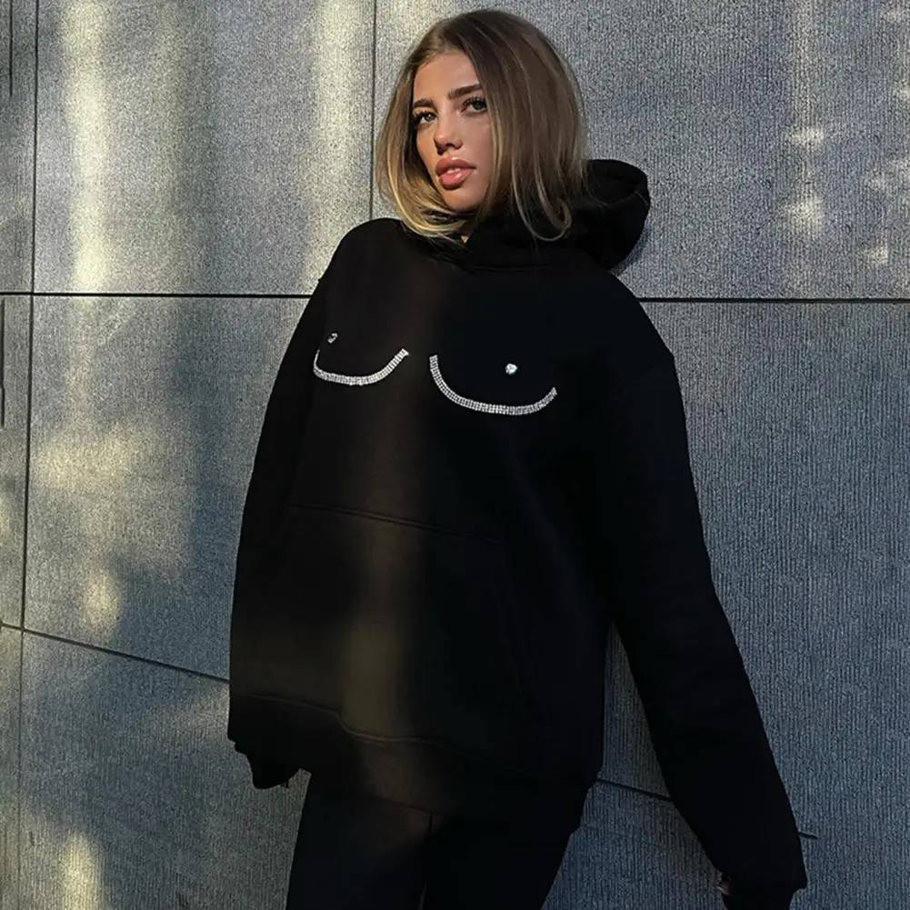 

Women Sweatshirt Women Sweatshirt Harajuku Rhinestone Hooded Thermal Big Pocket Elastic Cuff Hoodies Streetwear y2kclothes