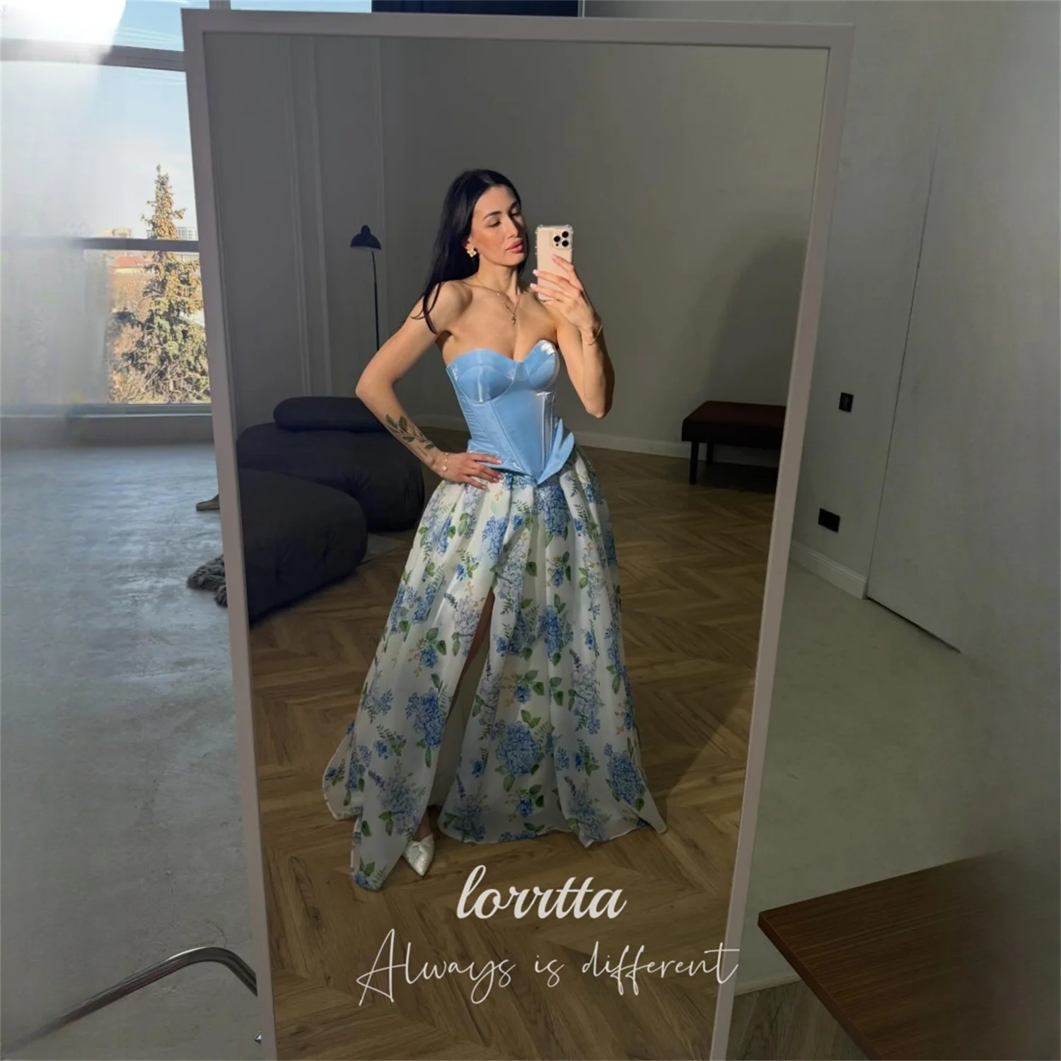 

Lorrtta Organza Strapless Sky Blue A-Line Evening Dress 2026 Prom Dress 3D Floral Flowers Wedding Party Gown Custom Made 2026