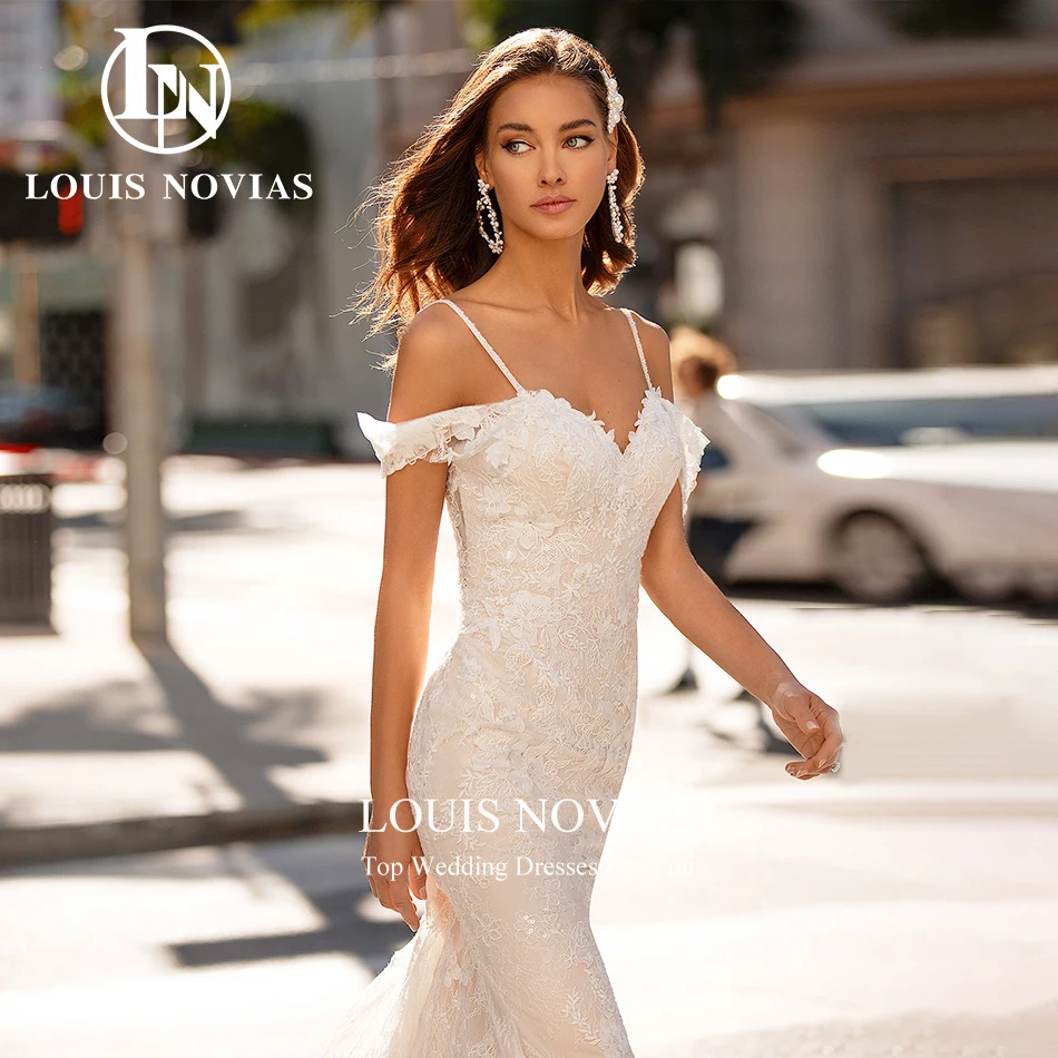 LOUIS NOVIAS Mermaid Wedding Dresses For Woman Sexy Short Sleeve Spaghetti Straps Appliques Lace Wedding Gown Vestidos De Novia