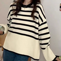 Women Thicken Warm Sweater Striped Loose Knitted Jumpers Long Sleeve O-Neck Casual Sweater For Women 2024 Autumn Winter