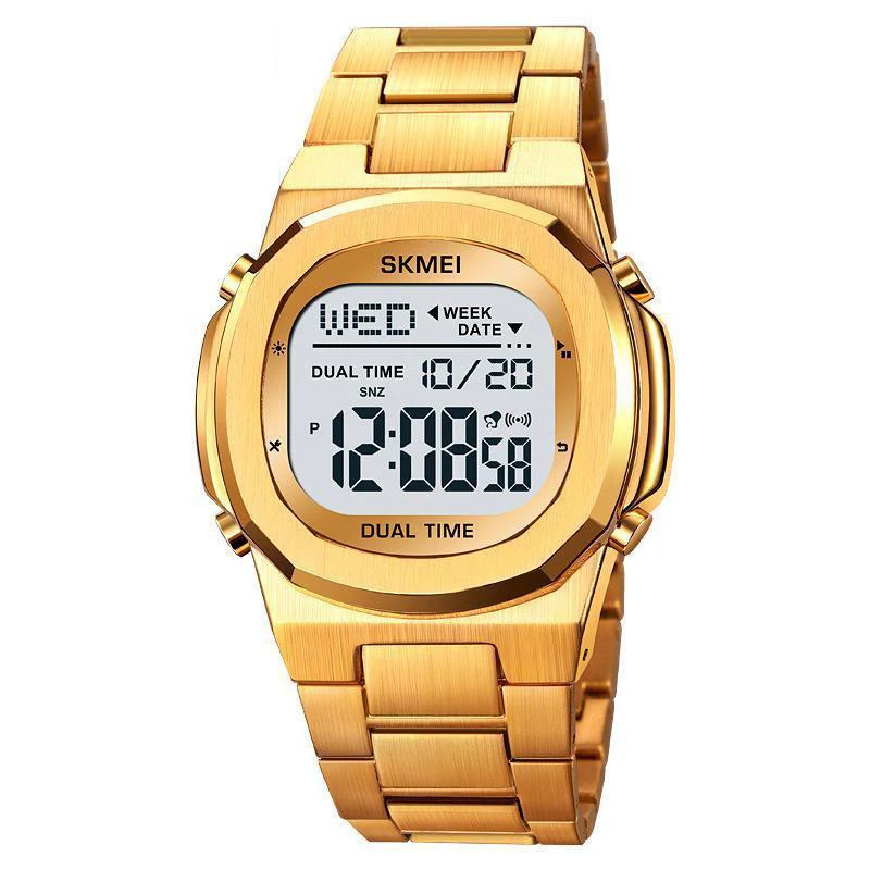 Goldene Digitaluhr mit Edelstahlarmband, Doppelzeit, Wochentags- und Datumsanzeige für den täglichen Business- und Freizeitgebrauch. – Detail 8