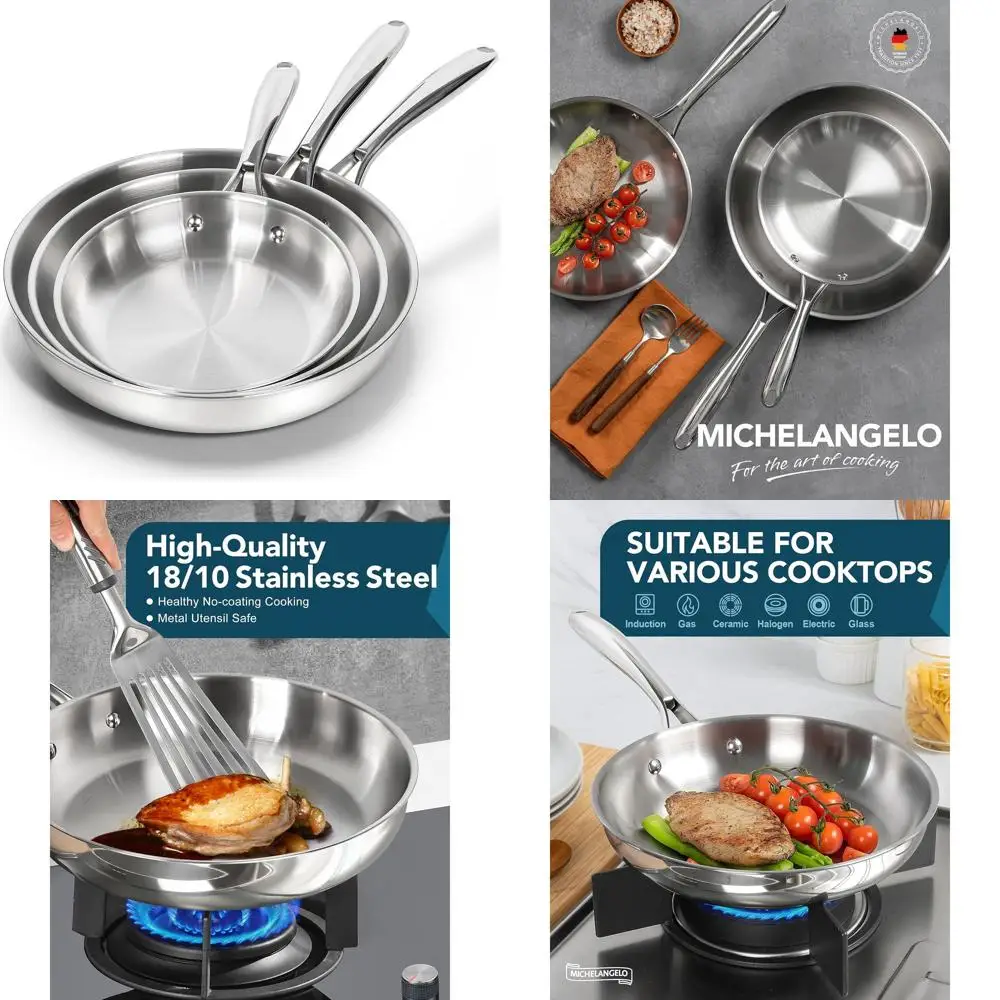 Juego de sartenes para freír de acero inoxidable de triple capa, 8, 9,5 y 11 tamaños, mango ergonómico, listo para inducción