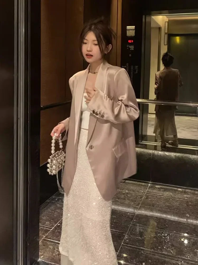 2024New Summer Glitter Sequin Design Skirts High Waist Tierred White Long Skirt y2k clothes high quality korean fashion clothing