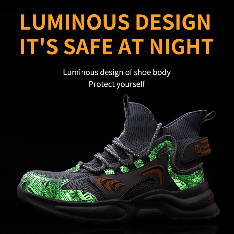 Glow At Night Men Work Safety Boots Steel Toe Cap Indestructible Puncture-Proof Sneakers Adult Male Shoes Footwear