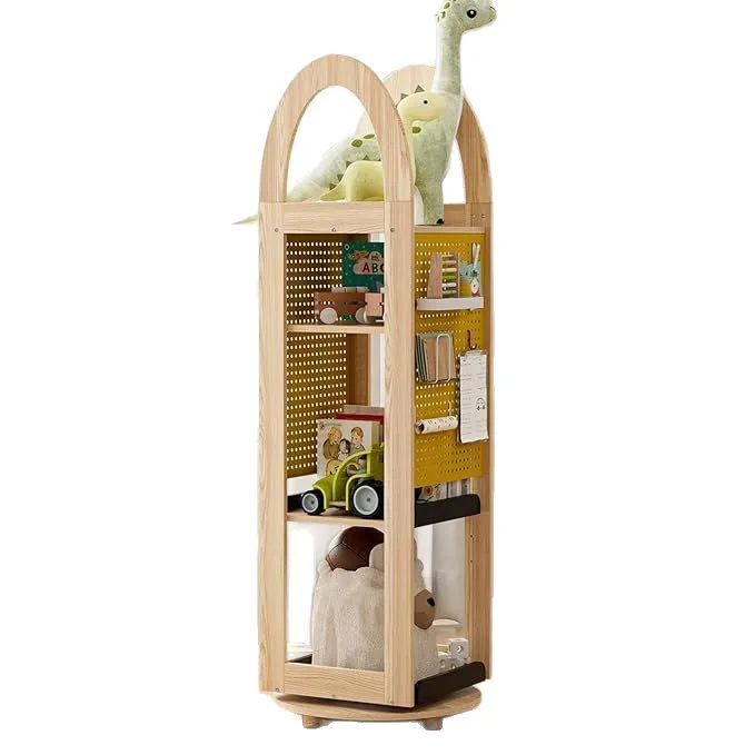 360-Degree Rotating Four layer Solid Beech Wood and Iron Shelf Anti dumping Heavy Storage