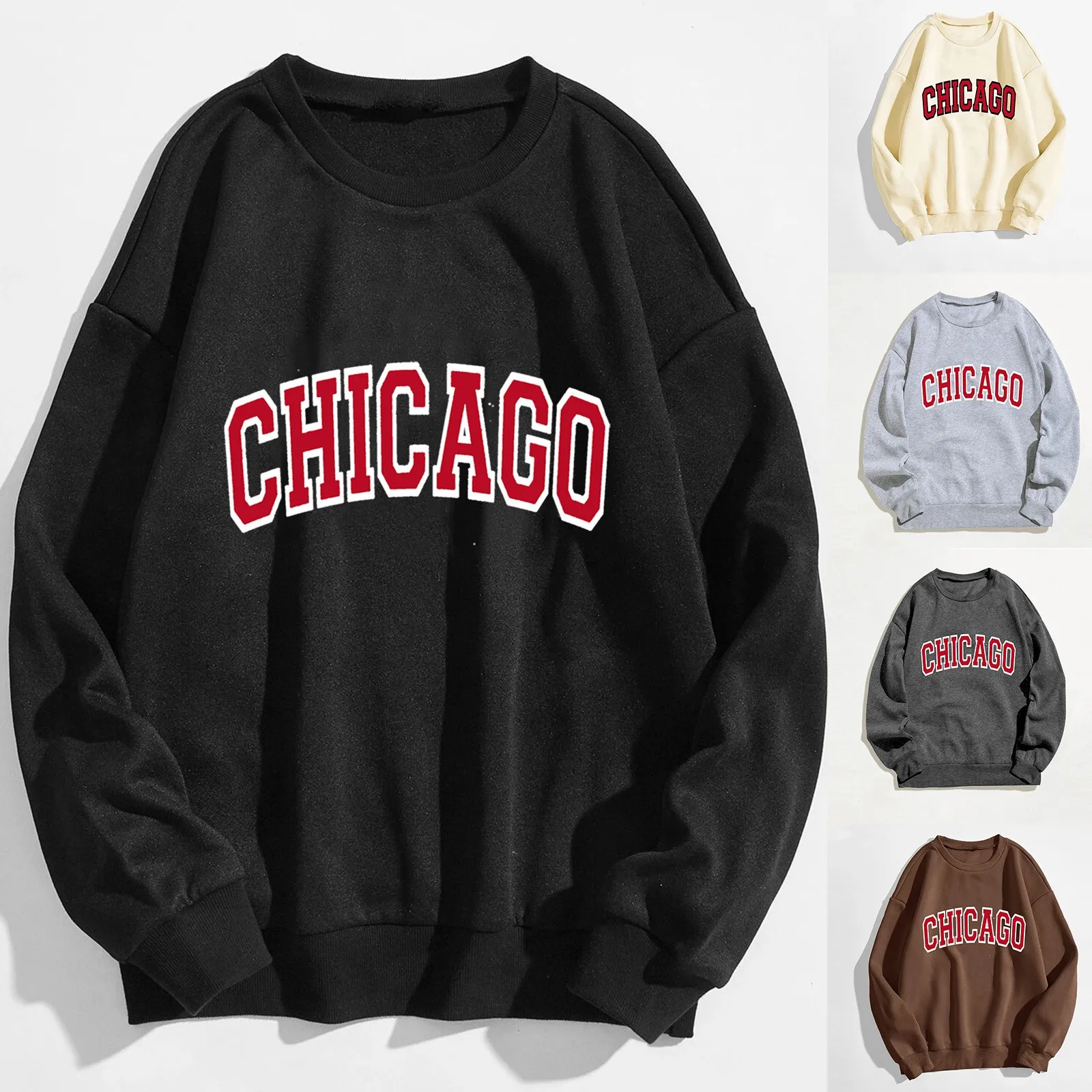 Japanese Y2k Hoodless Sweatshirts Women's Chicago Letter Printed Oversized Hoodies Ladies Solid O Neck Street Trend Pullovers