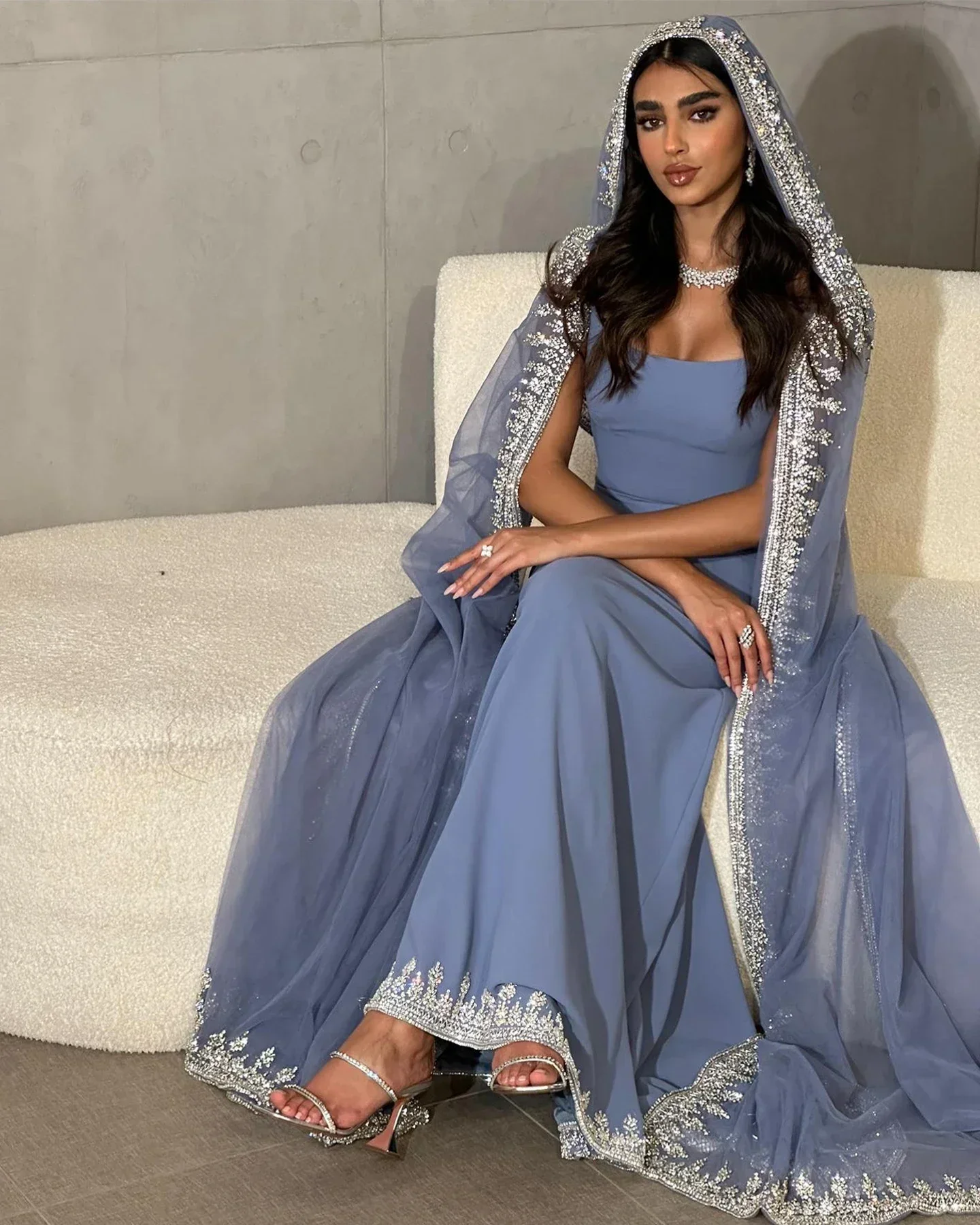 Customized Evening Dresses Luxury Crystal Blue Mermaid Dubai Evening Dresses  Cape Sleeves Elegant Arabic Women personalized