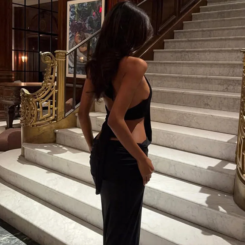 DSMTRC 2025 damskie sukienki z głębokim dekoltem w serek Backless jednolita, wiązana na szyi seksowna sukienka klubowa Hip Wrap moda płaszcza kobiece szaty bez rękawów