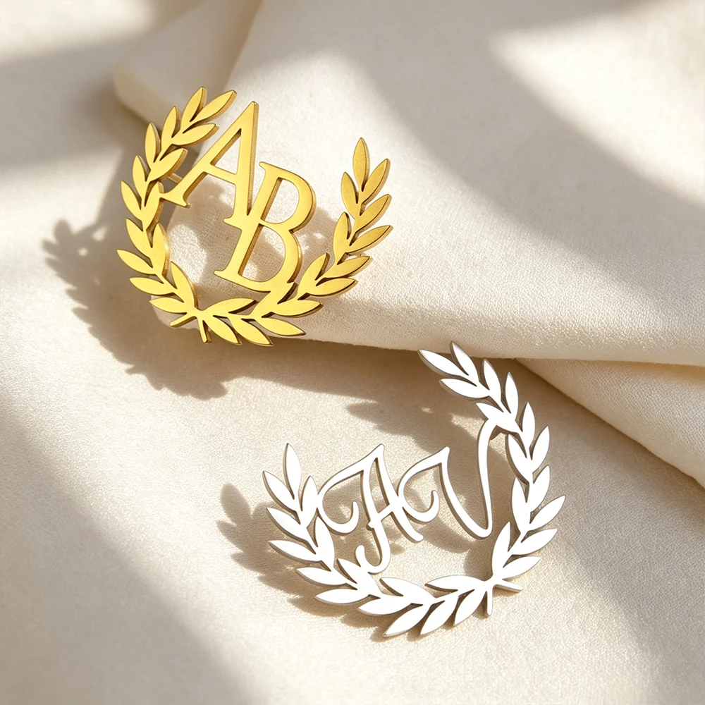 Customized Initial Letter Brooch, Personalized Olive Branch Stainless Steel Brooch, Groom's Badge Fashionable Jewelry Gift