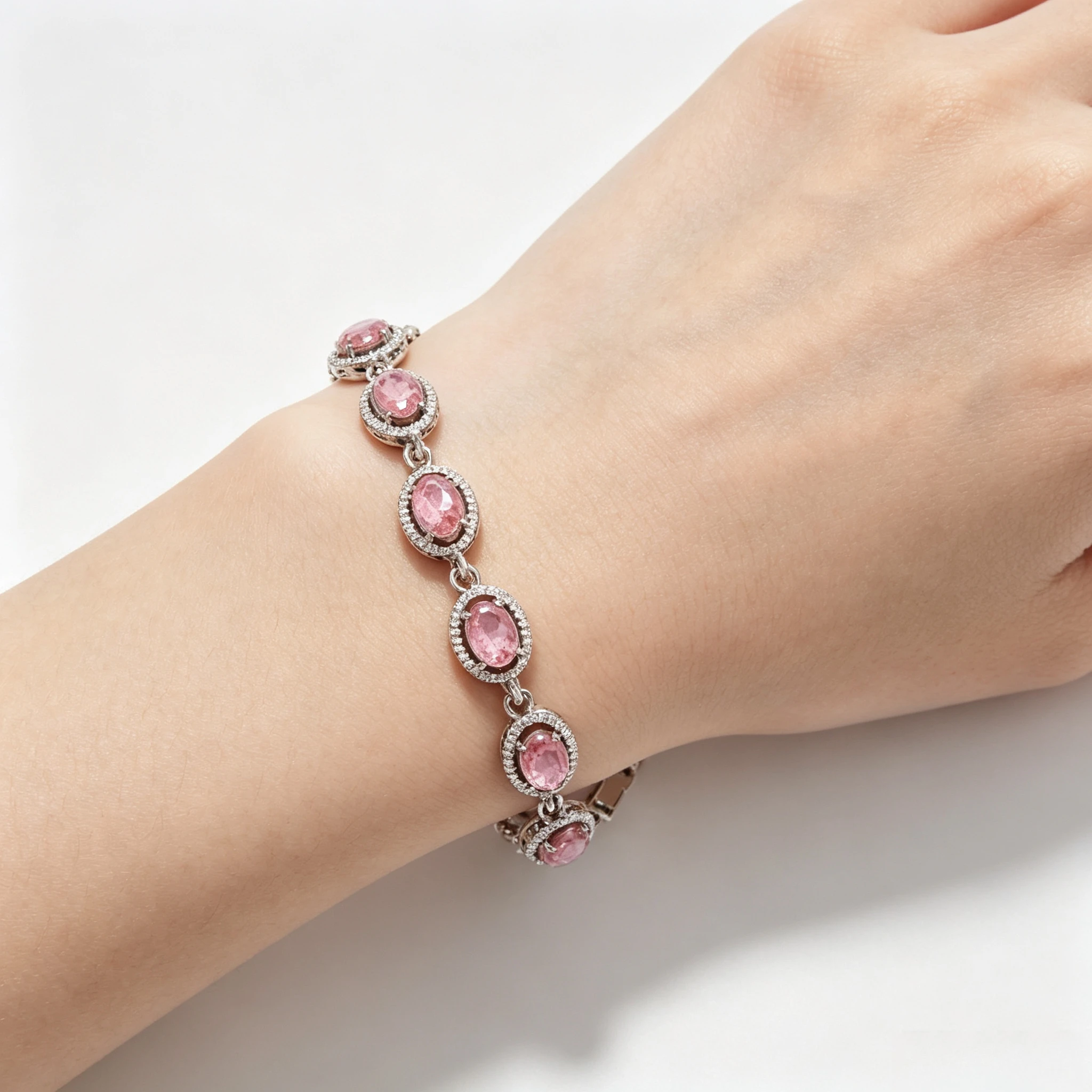Silver Plated Oval Pink Cubic Zirconia Tennis Bracelet Halo Small Crystal Link Chain Bracelet For Women Wedding Jewelry