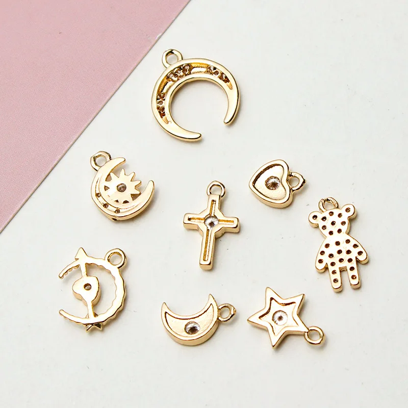 1pcs Diy Jewelry Accessories Copper Gold-plate Zircon Stars Peach Heart Moon Small Pendant Earrings Necklace Material Charms