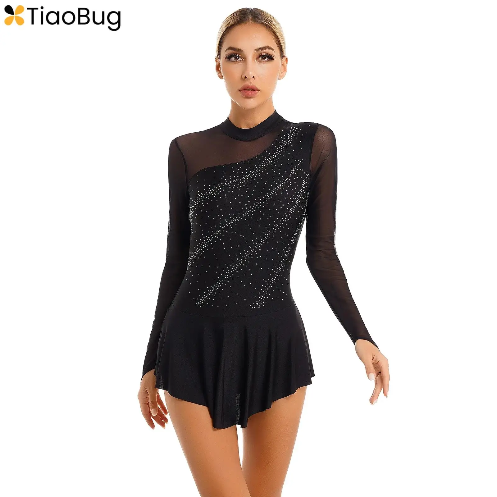 Womens Figure Skating Dance Dress Gymnastics Ballet Leotards Dress Glitter Sheer Mesh Patchwork Long Sleeve Leotards Dresses
