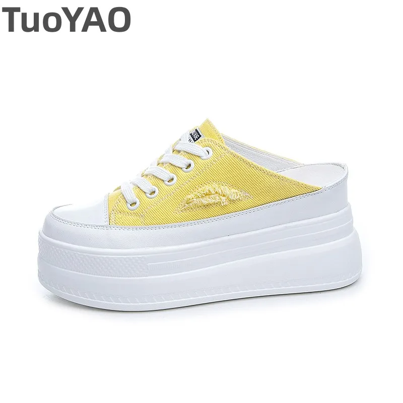 

8cm Canvas Genuine Leather Women Summer Shoes Wedge Sneakers Platform Slippers Shoes Slip on Sandals Slippers High Heel New