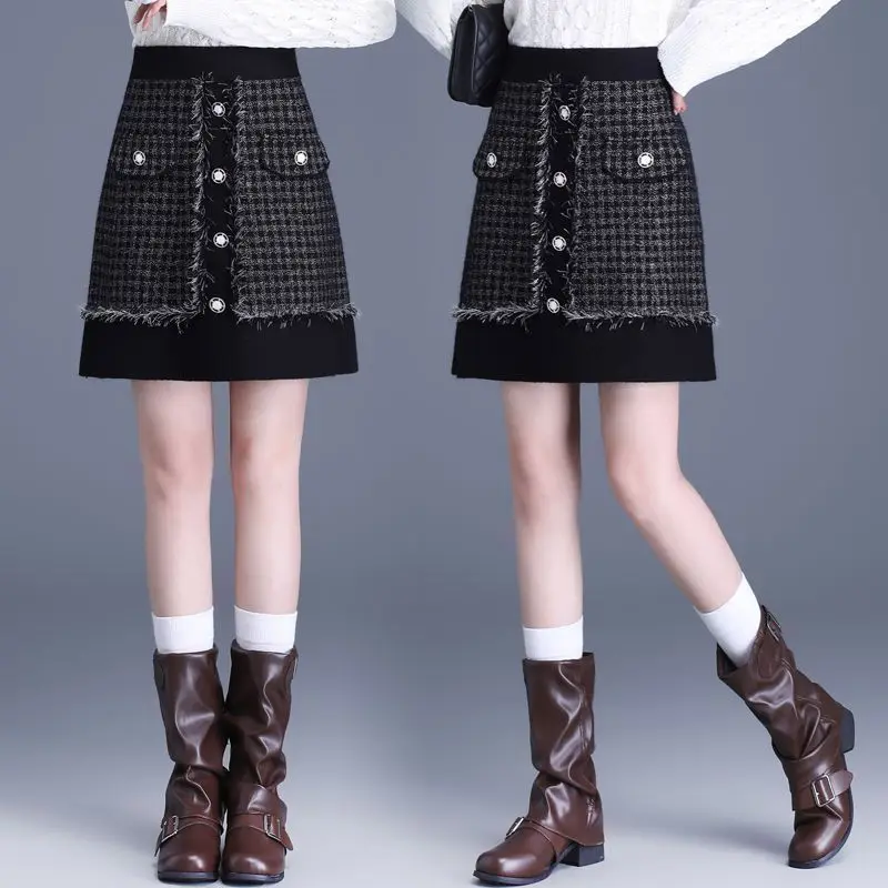 

Осень-зима, темпераментная лоскутная тонкая юбка трапециевидной формы с высокой талией, женские универсальные модные клетчатые юбки с кисточками и эластичной резинкой на талии