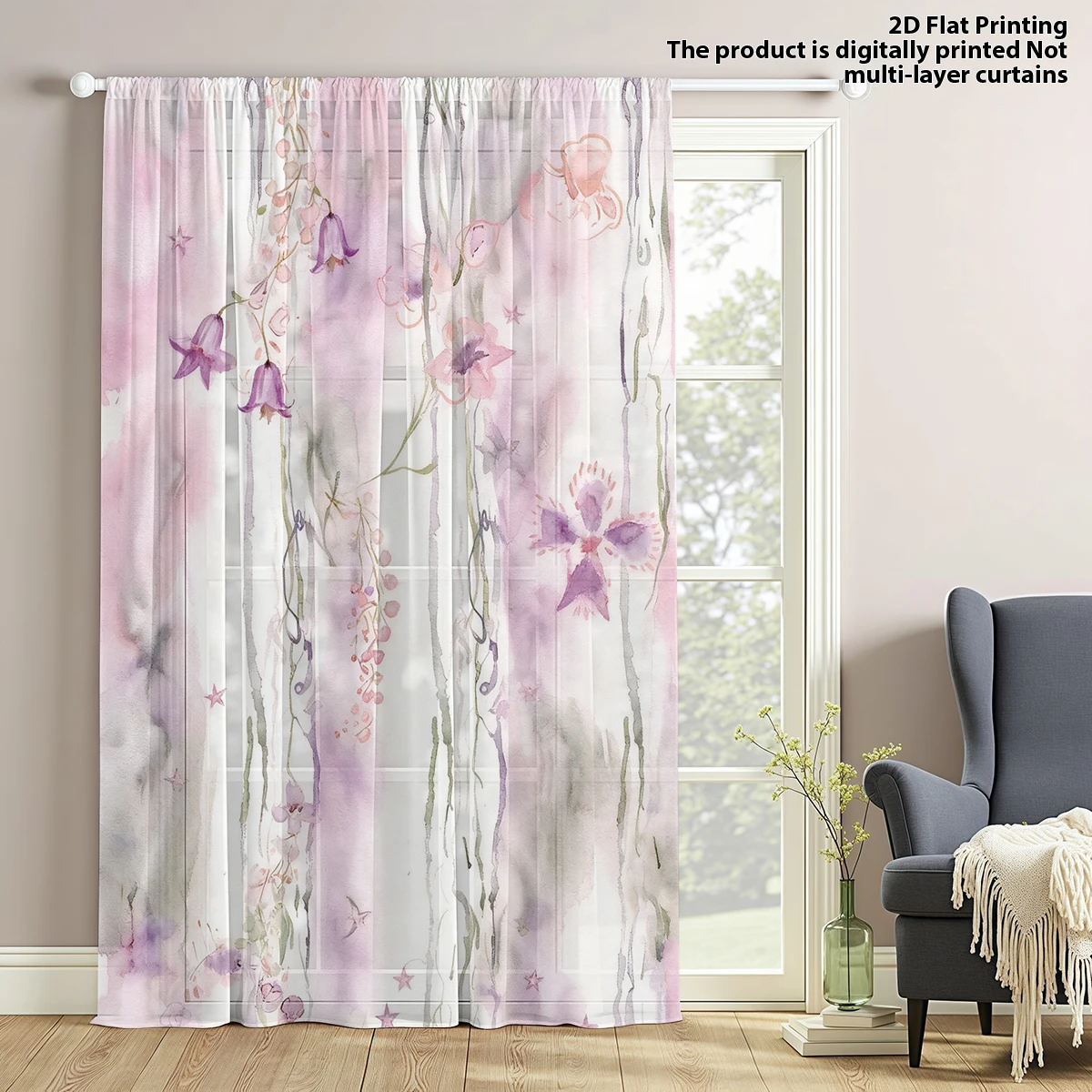 Watercolor Purple Floral Print Sheer Curtain, Light Filtering Voile Window Curtain for Bedroom Living Room Home Decor