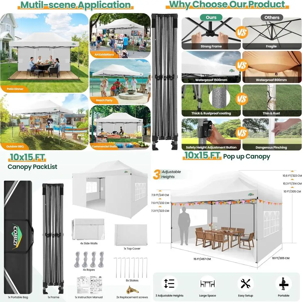 

Усиленный шатер-тент 10x15 Heavy Duty Up Gazebo 3.0, легко устанавливаемый, для вечеринок, с 4 съемными боковыми стенками, высокой устойчивостью, всепогодный, 100% водонепроницаемый.