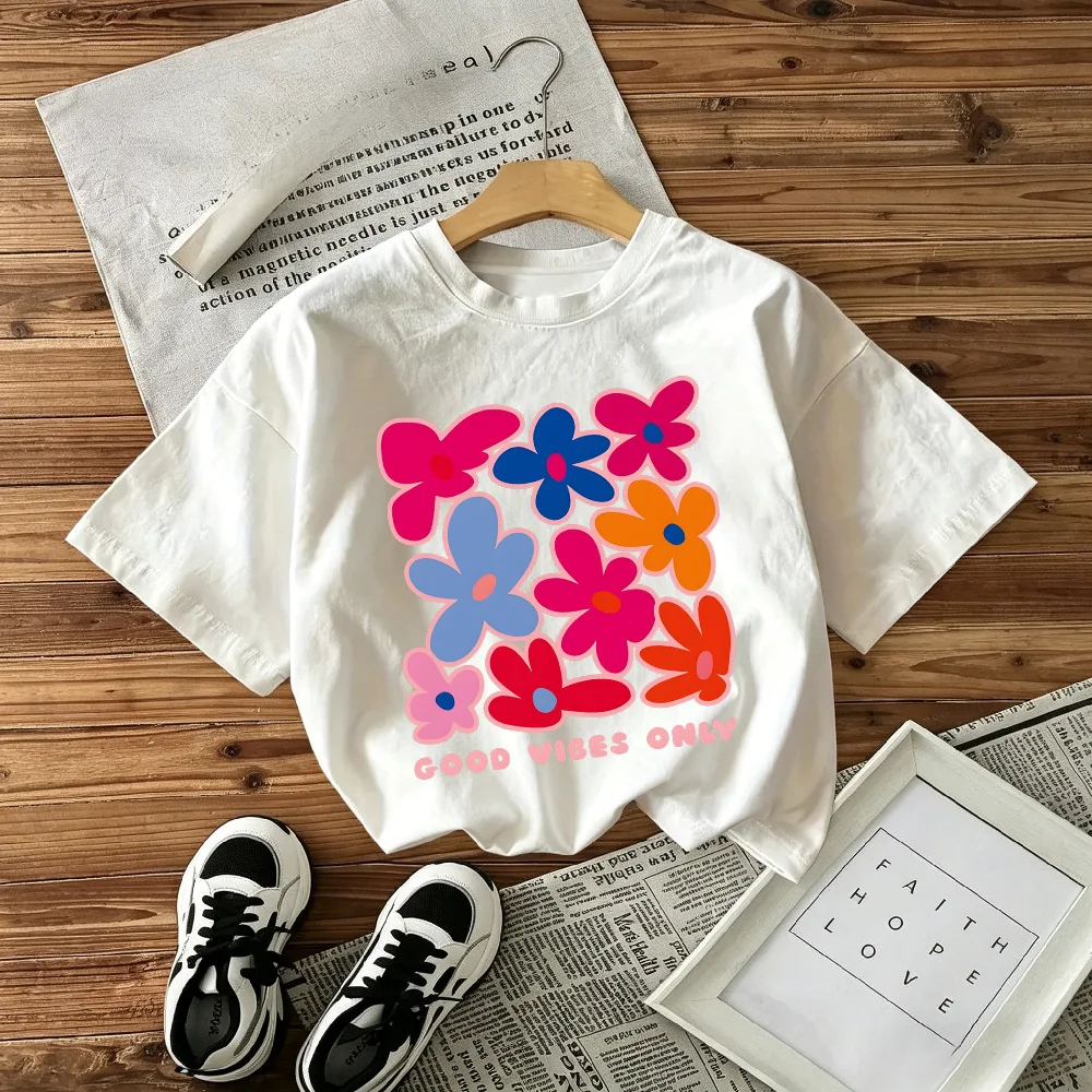 Summer Popular Children's Round Neck T-shirt Loose Comfortable Soft Skin Friendly Versatile Flower Print Short Sleeved Shirt