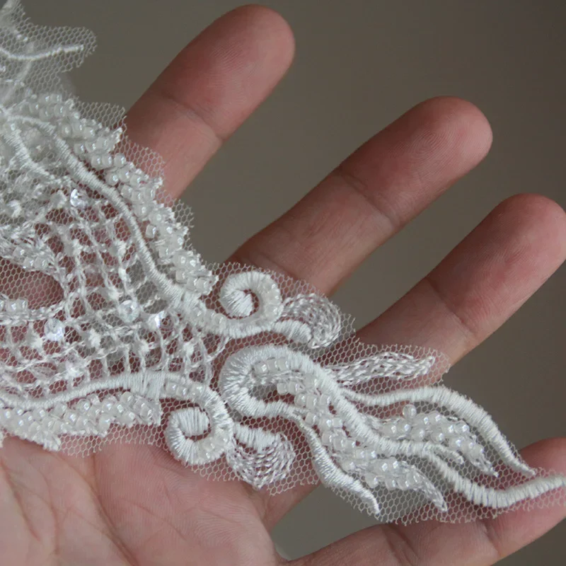 Novo preto e branco grânulo bordado malha acessórios de renda vestido de casamento apliques de renda